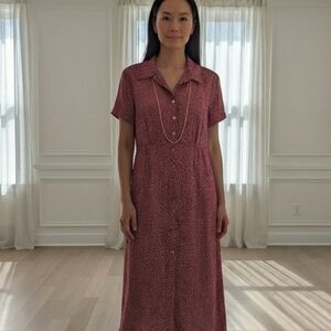 VTG Elegant Red Polka Dot Button-Up Tie-Back Maxi Dress 90s